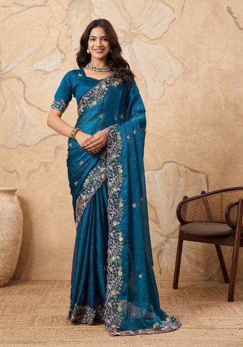 Teal Blue Embroidery  Chiffon Saree Set