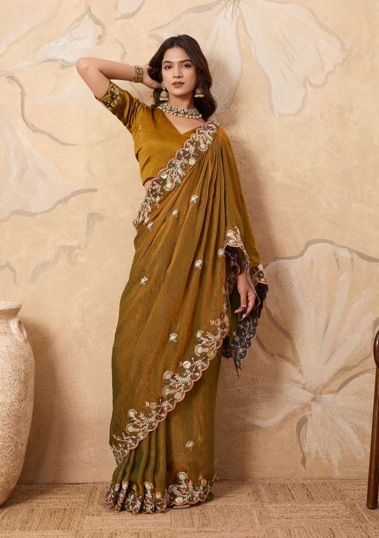 Mustard Chiffon Saree Set with Embroidery for Diwali | Wedding & Festive Wear - Indya