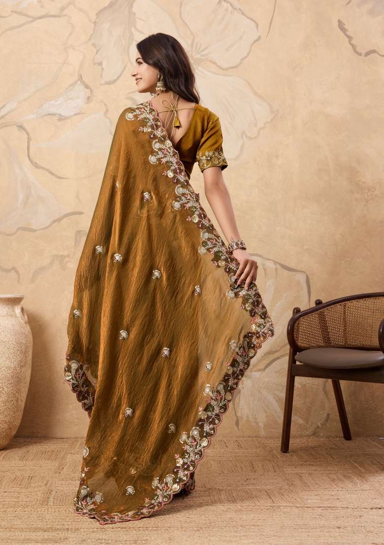 Mustard Chiffon Saree Set with Embroidery for Diwali | Wedding & Festive Wear - Indya