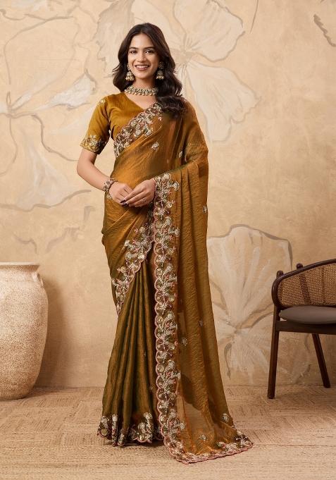 Mustard Embroidery  Chiffon Saree Set