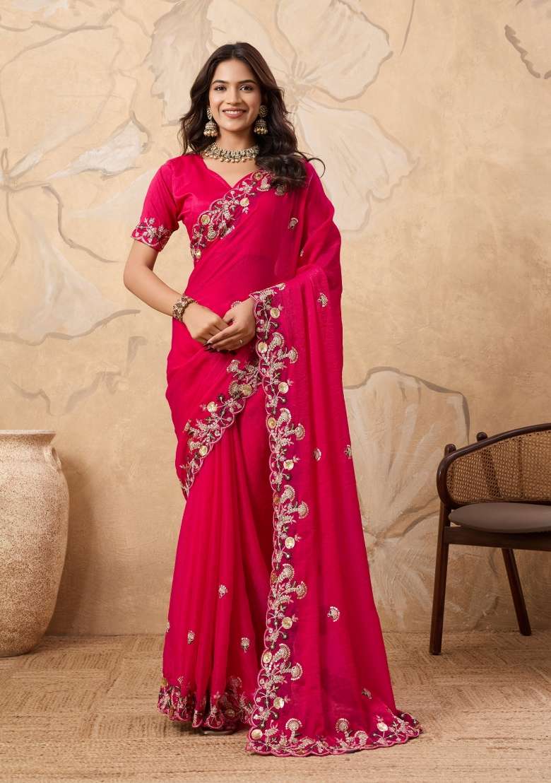 Pink Chiffon Saree Set with Embroidery for Diwali | Wedding & Festive Wear - Indya