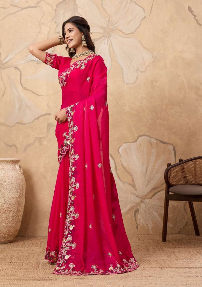 Pink Chiffon Saree Set with Embroidery for Diwali | Wedding & Festive Wear - Indya