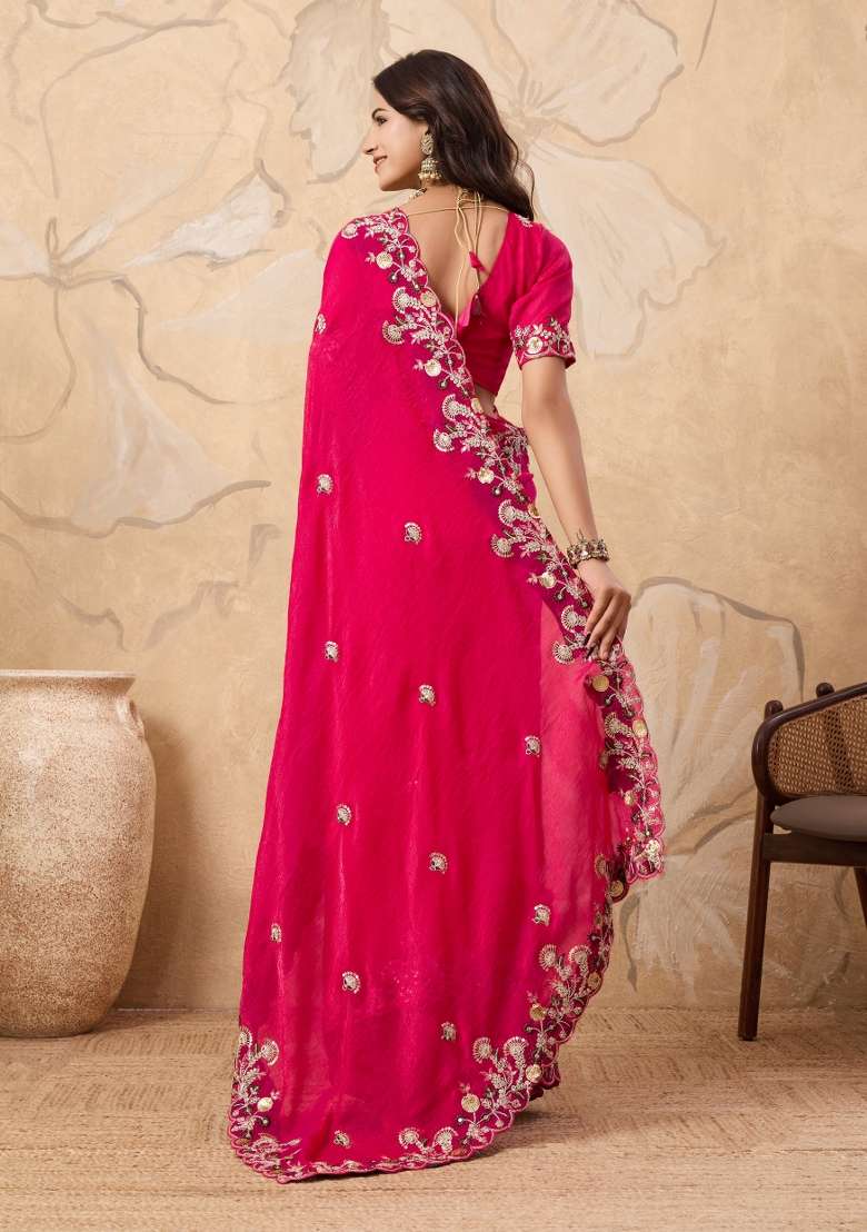 Pink Chiffon Saree Set with Embroidery for Diwali | Wedding & Festive Wear - Indya