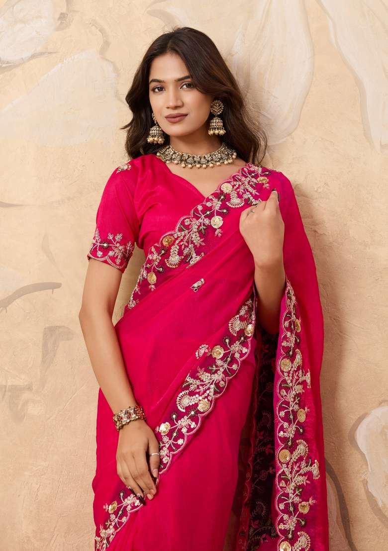 Pink Chiffon Saree Set with Embroidery for Diwali | Wedding & Festive Wear - Indya