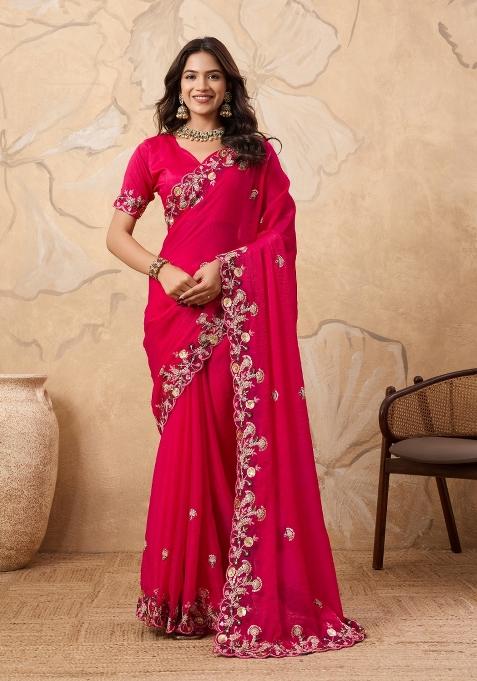 Pink Embroidery  Chiffon Saree Set