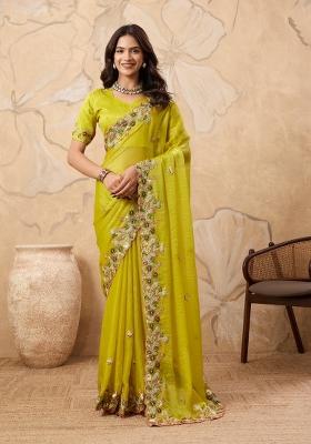 Yellow Embroidery  Chiffon Saree Set