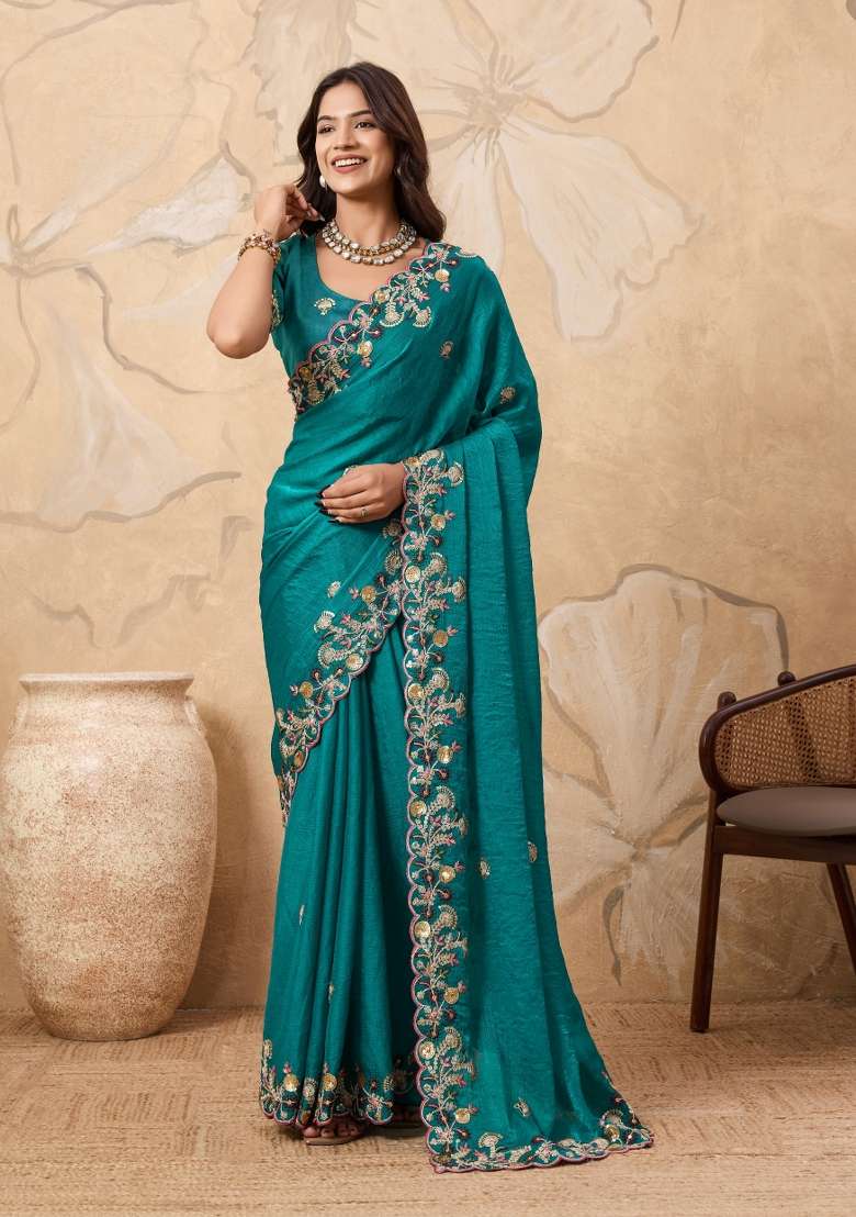 Rama Green Embroidery Chiffon Saree Set for Diwali and Festive Wear - Indya