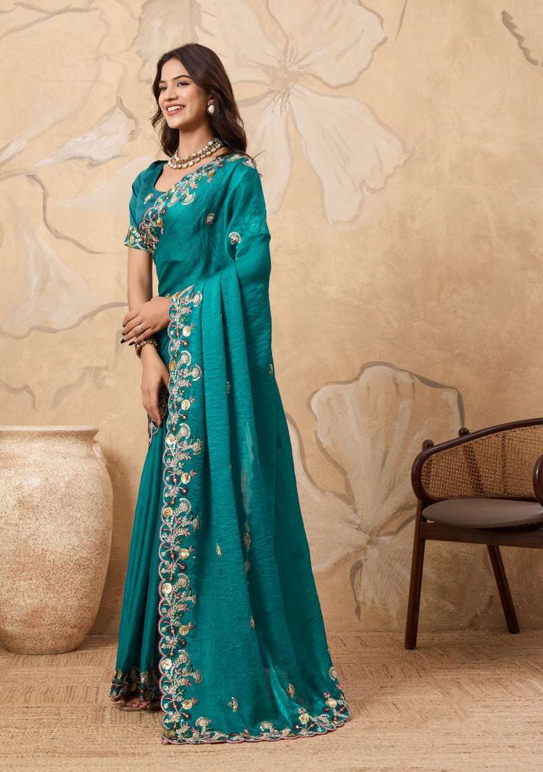Rama Green Embroidery Chiffon Saree Set for Diwali and Festive Wear - Indya