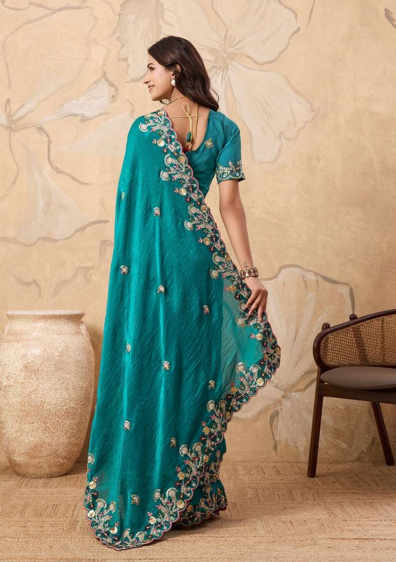 Rama Green Embroidery Chiffon Saree Set for Diwali and Festive Wear - Indya