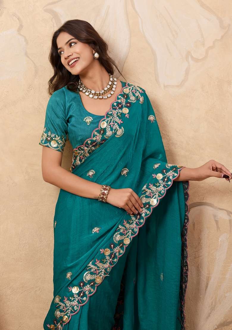 Rama Green Embroidery Chiffon Saree Set for Diwali and Festive Wear - Indya