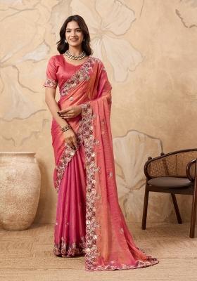 Peach Embroidery  Chiffon Saree Set