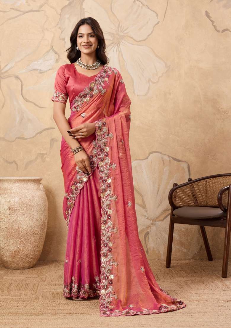 Peach Chiffon Saree Set with Embroidery for Diwali | Wedding & Festive Wear - Indya