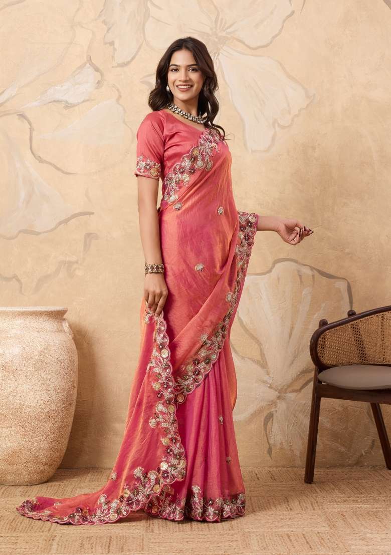 Peach Chiffon Saree Set with Embroidery for Diwali | Wedding & Festive Wear - Indya