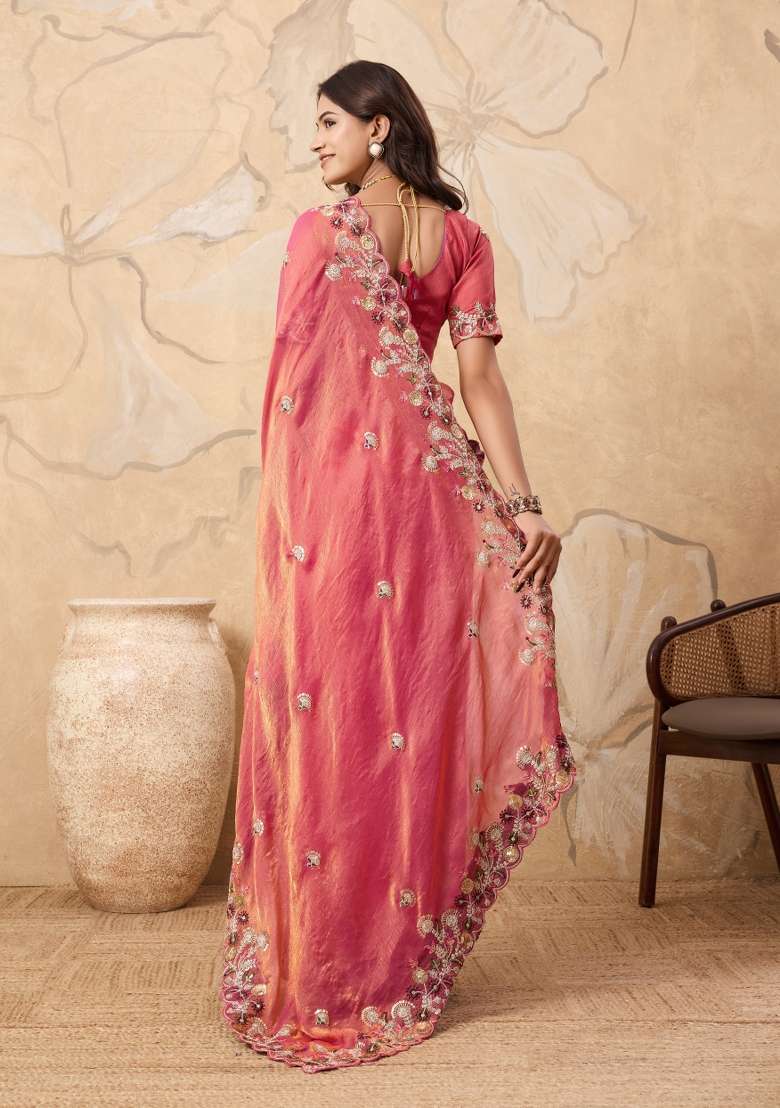 Peach Chiffon Saree Set with Embroidery for Diwali | Wedding & Festive Wear - Indya