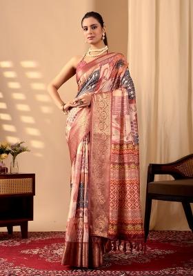 Peach Printed Silk Saree Set