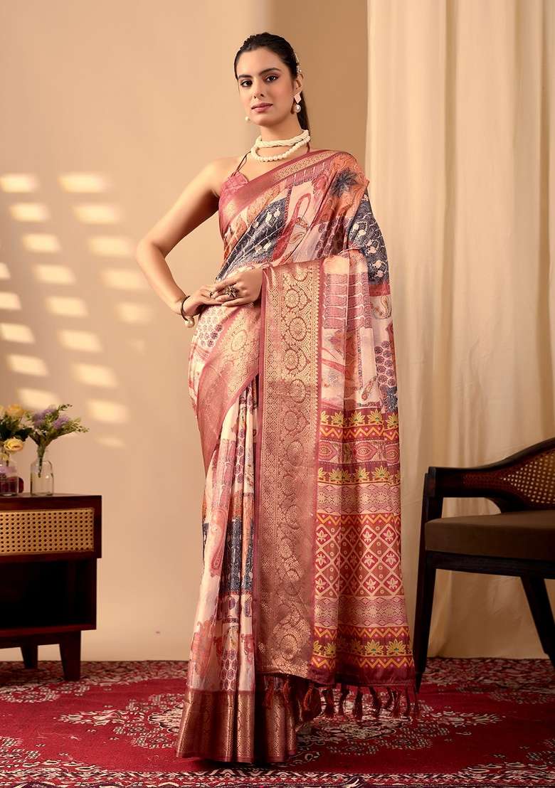 Peach Printed Silk Saree Set - Indya