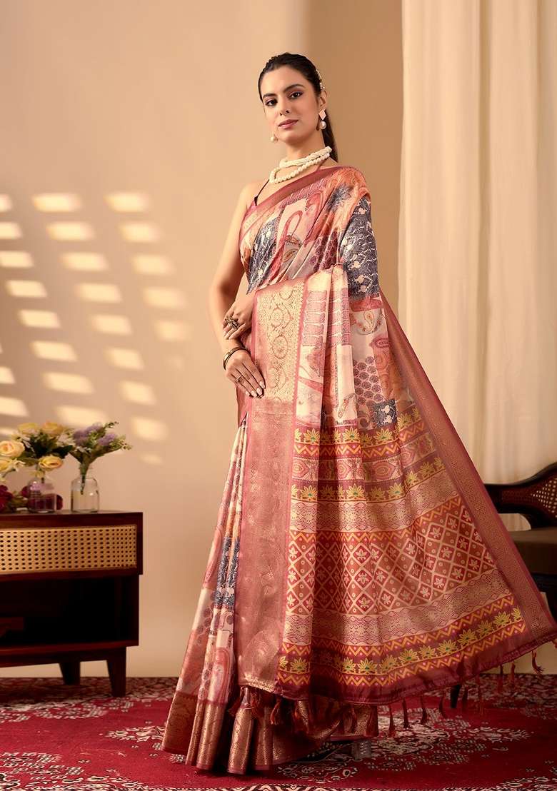 Peach Printed Silk Saree Set - Indya