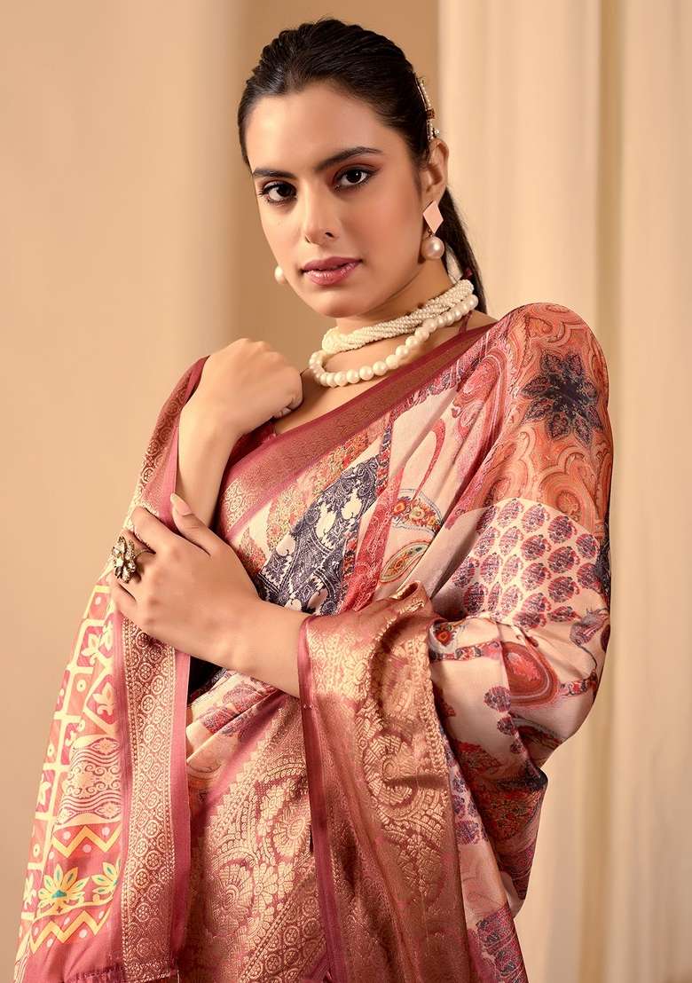 Peach Printed Silk Saree Set - Indya