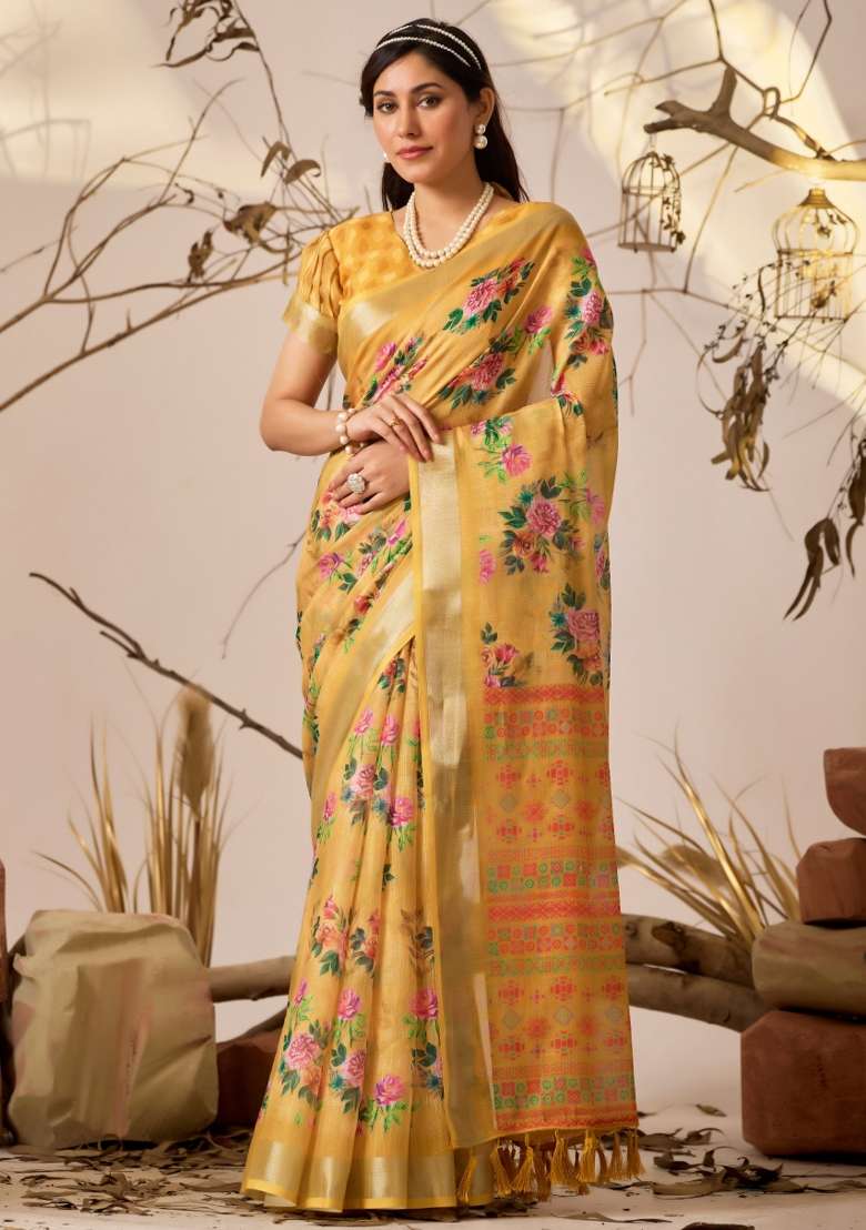 Yellow Printed Silk Saree Set - Indya