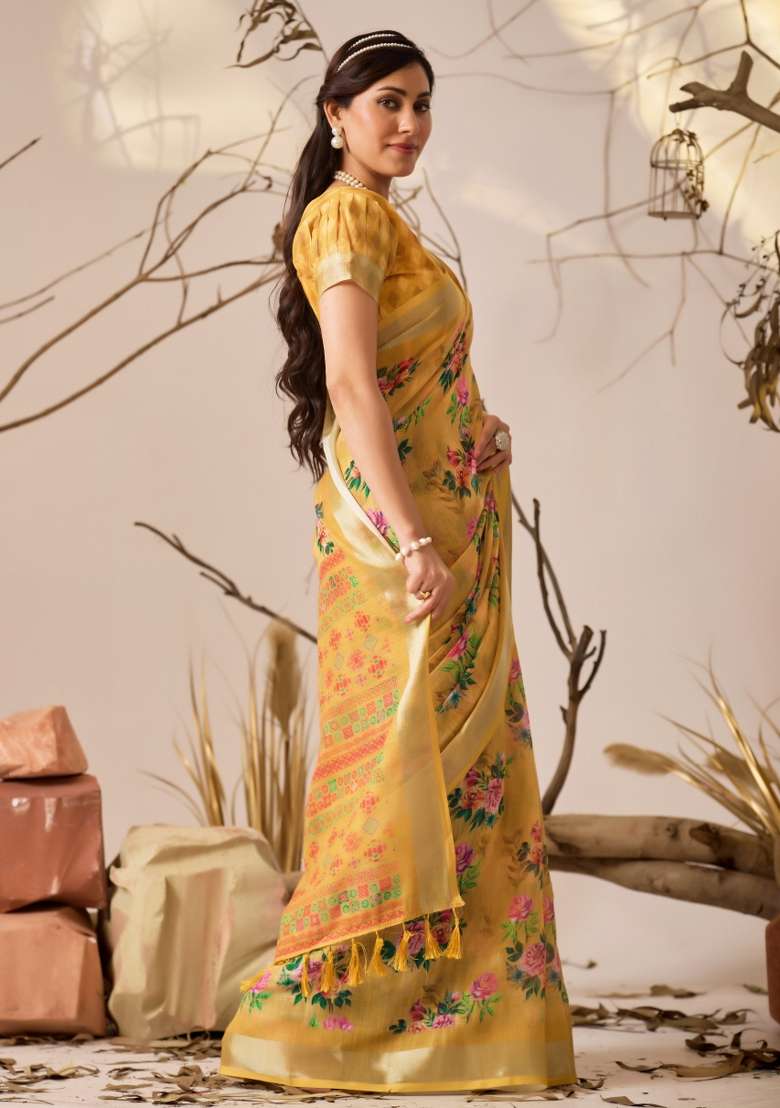 Yellow Printed Silk Saree Set - Indya