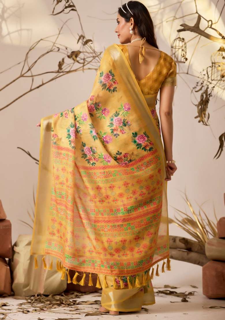 Yellow Printed Silk Saree Set - Indya