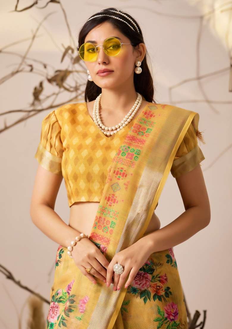 Yellow Printed Silk Saree Set - Indya