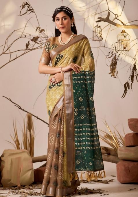 Green Printed Silk Saree Set