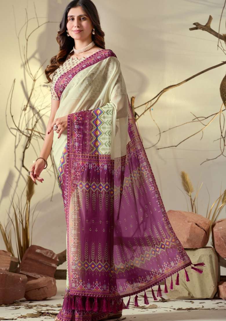 Cream Printed Silk Saree Set - Indya
