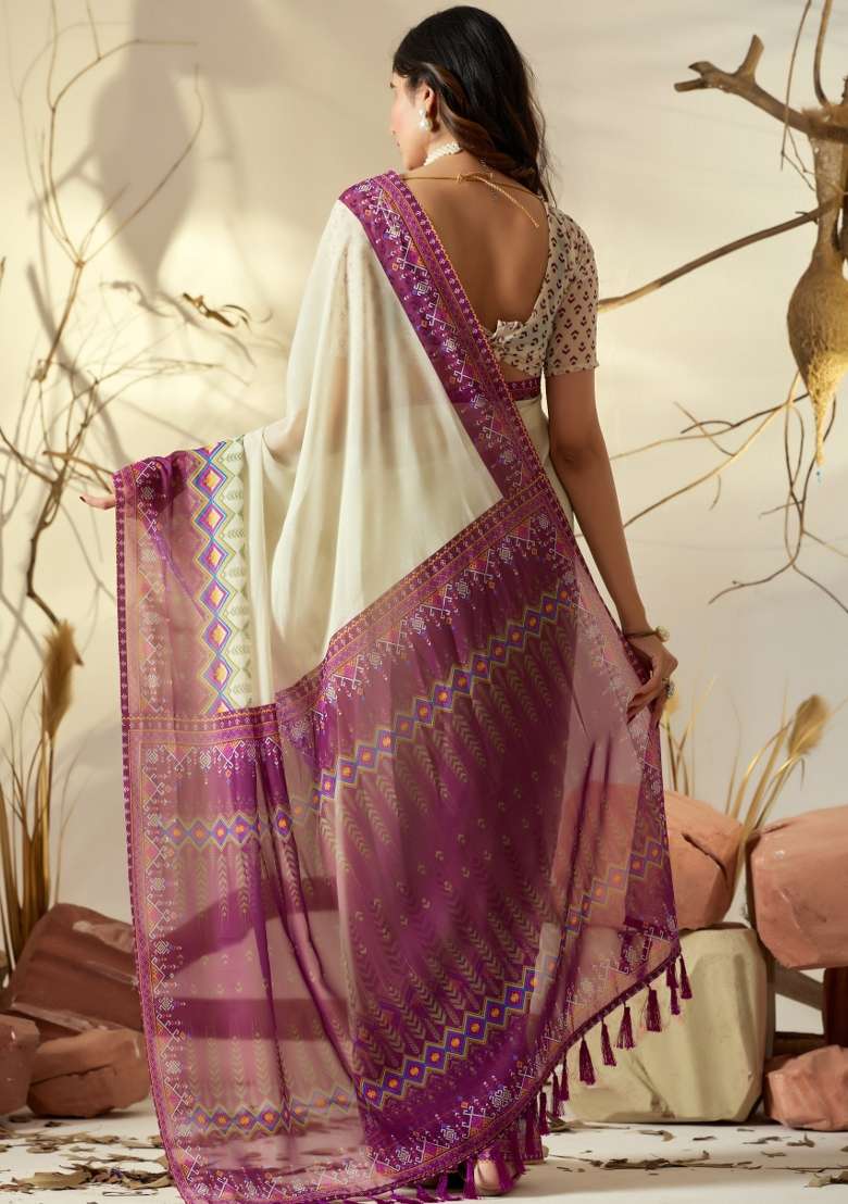 Cream Printed Silk Saree Set - Indya