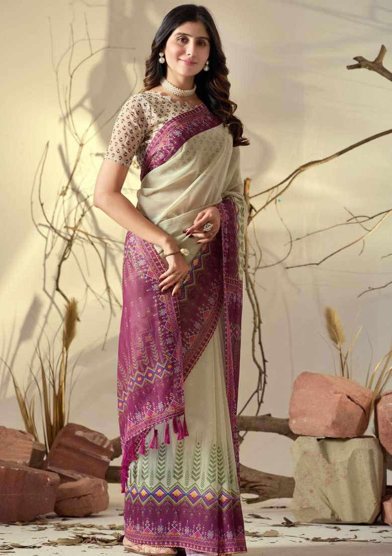 Cream Printed Silk Saree Set - Indya