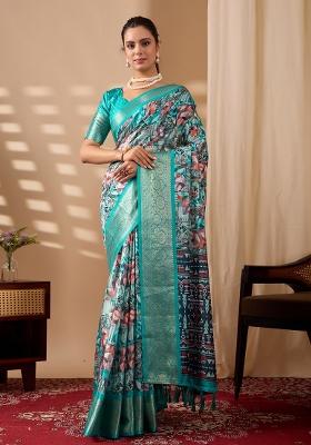 Sea Green  Printed Silk Saree Set