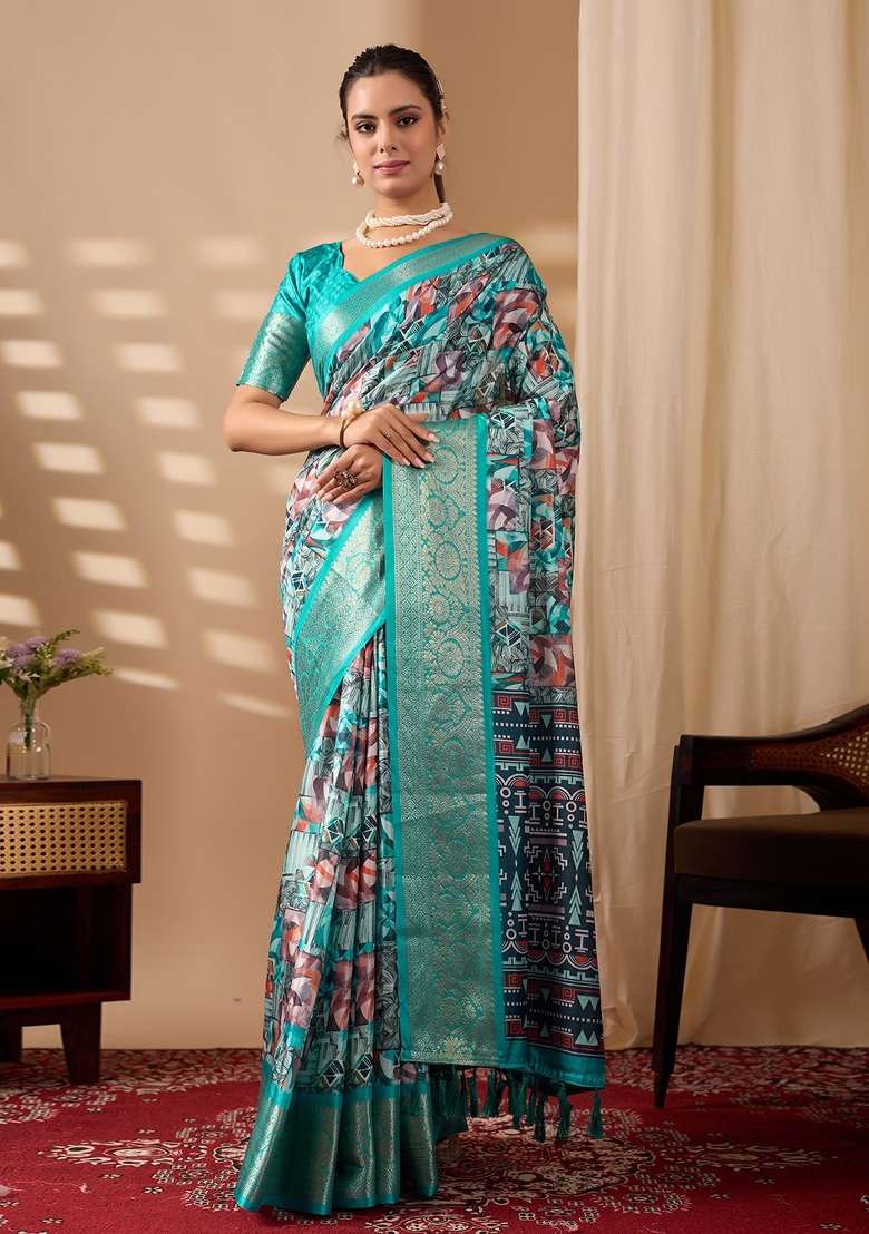 Sea Green  Printed Silk Saree Set - Indya