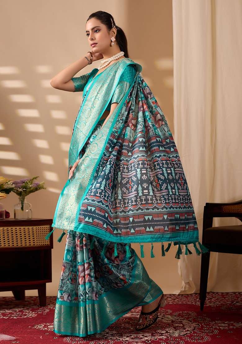 Sea Green  Printed Silk Saree Set - Indya