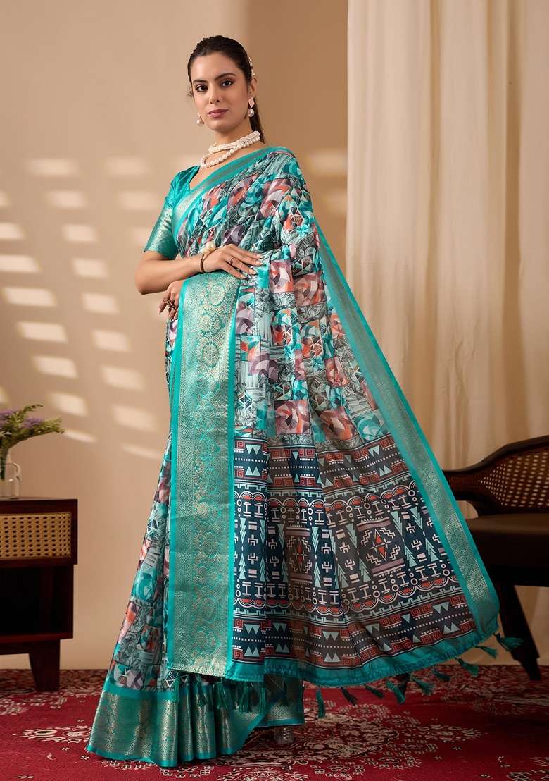Sea Green  Printed Silk Saree Set - Indya