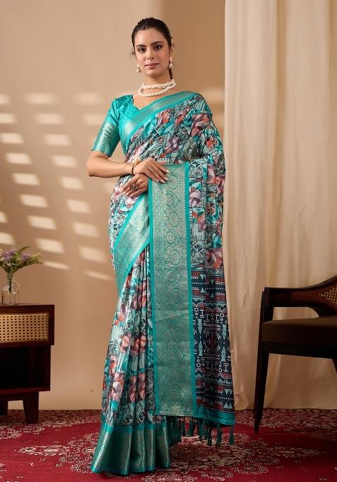 Sea Green  Printed Silk Saree Set