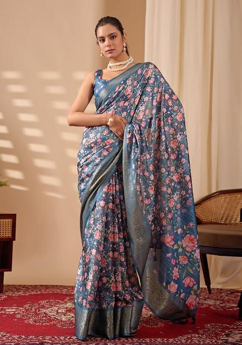 Deep Teal Printed Silk Saree Set