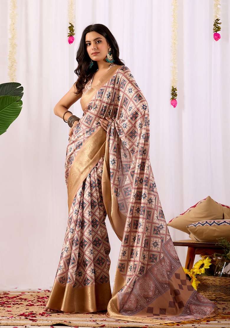 Multi Printed Silk Saree Set - Indya
