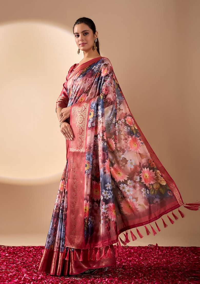 Deep Wine Printed Silk Saree Set - Indya