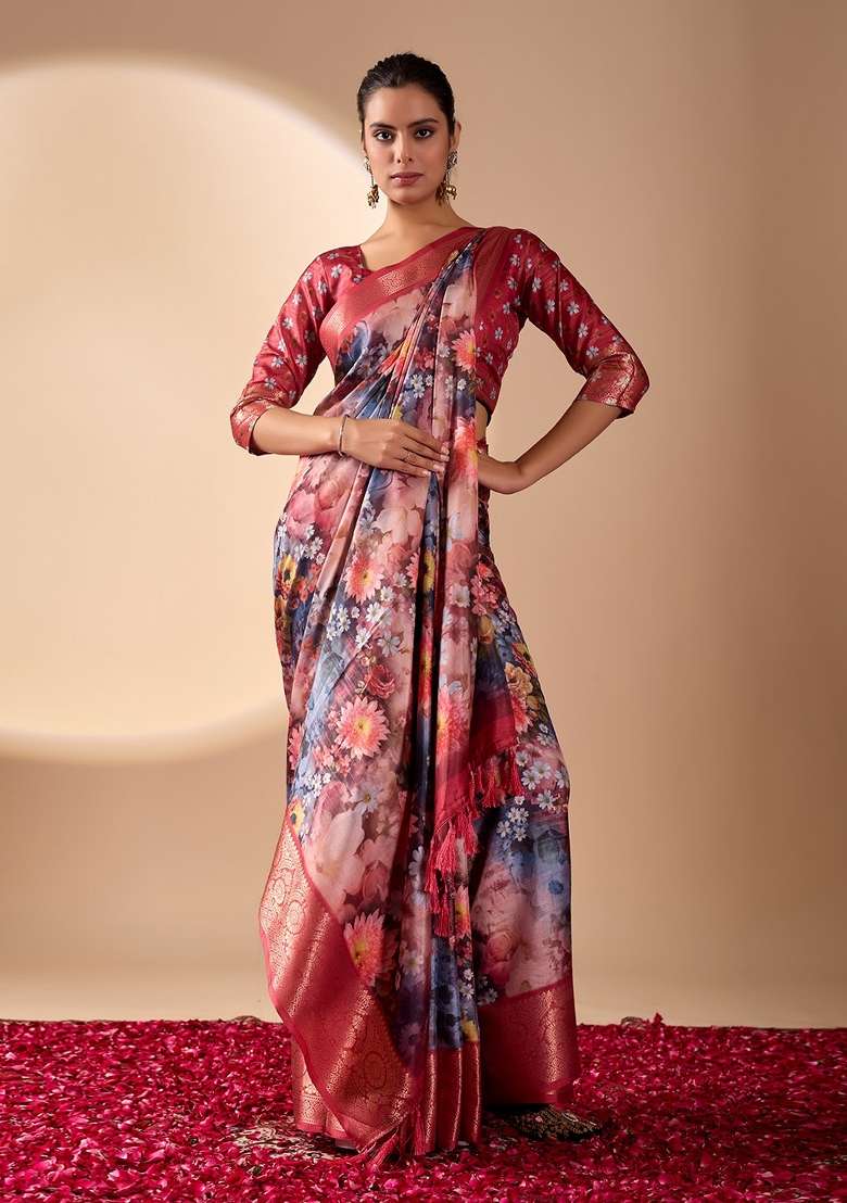Deep Wine Printed Silk Saree Set - Indya
