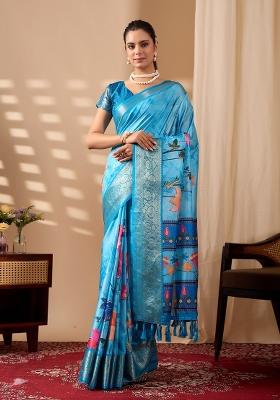Sky Blue Printed Silk Saree Set
