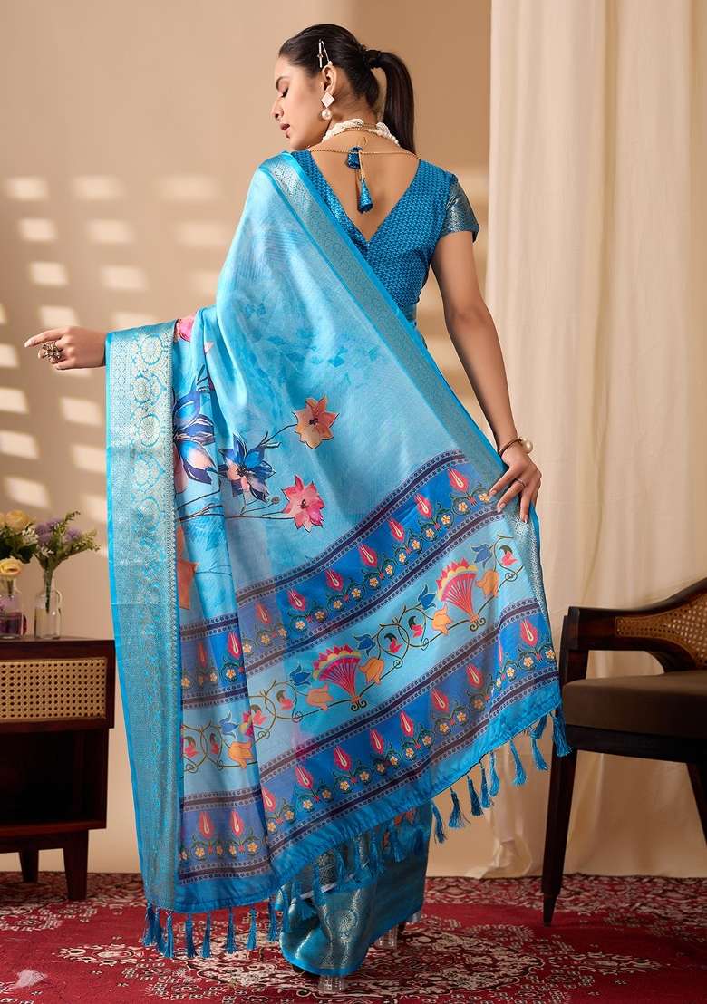 Sky Blue Printed Silk Saree Set - Indya