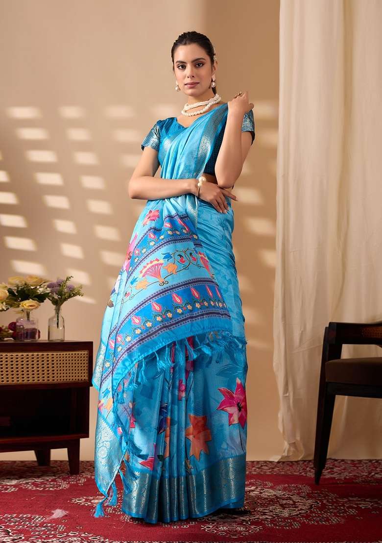 Sky Blue Printed Silk Saree Set - Indya