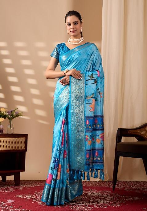 Sky Blue Printed Silk Saree Set