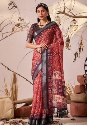 Red Printed Silk Saree Set