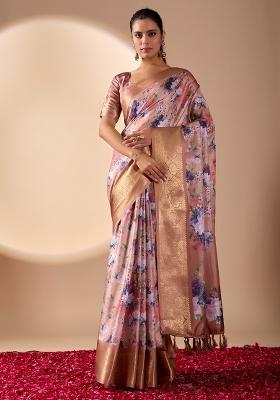 Rose Gold Printed Silk Saree Set