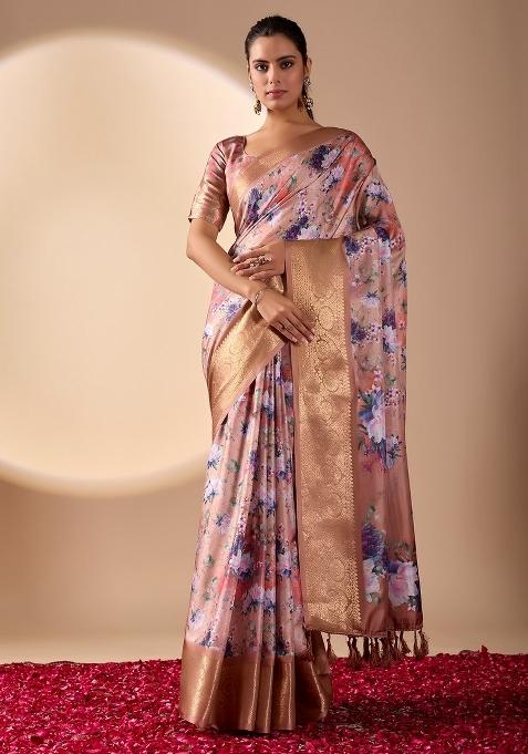 Rose Gold Printed Silk Saree Set