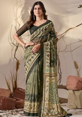 Deep Olive Printed Silk Saree Set