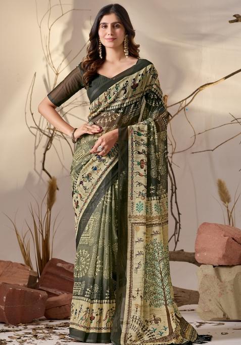 Deep Olive Printed Silk Saree Set