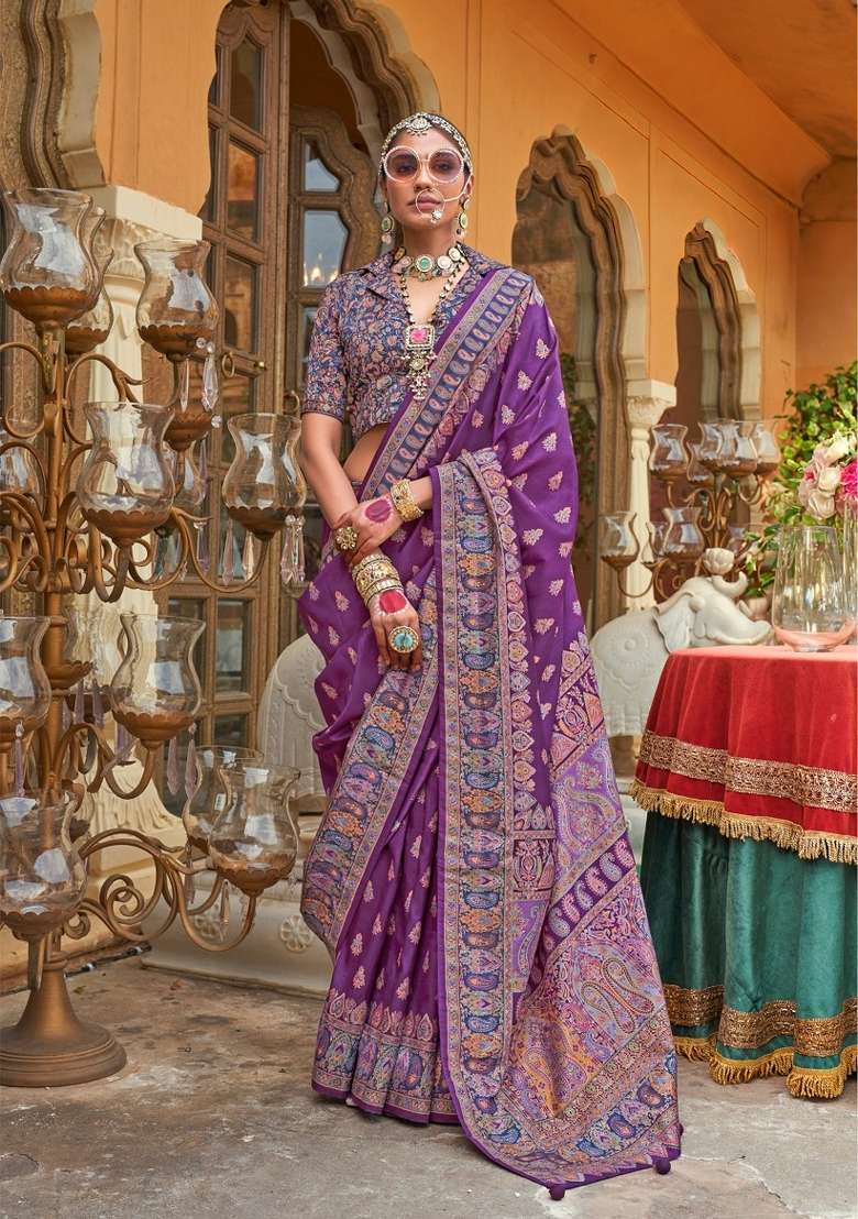 Purple Printed Silk Blend Saree Set - Indya
