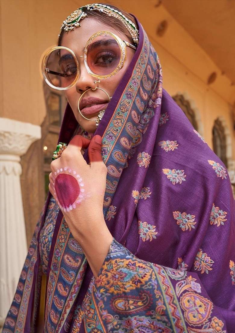 Purple Printed Silk Blend Saree Set - Indya